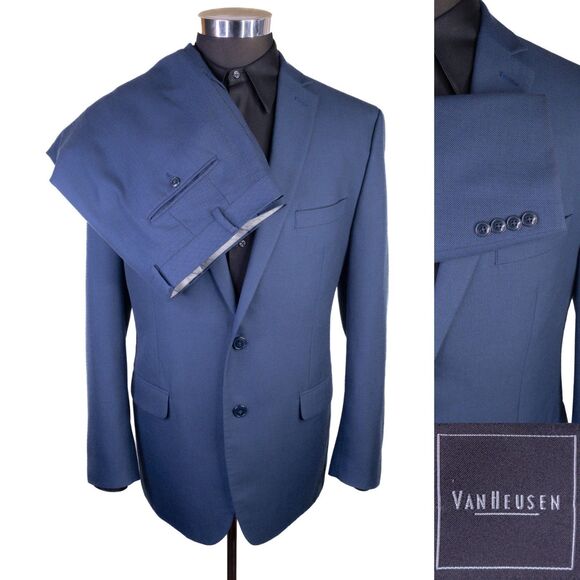 Van Heusen 2Pcs Suit Men's Blue Textured Blazer Jacket Sz 44R Pants 38X29 Poly - Picture 1 of 16